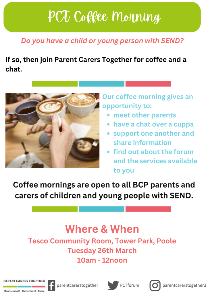 coffee morning poster for event 26th March, Tower Park Tesco, Poole 10am-noon